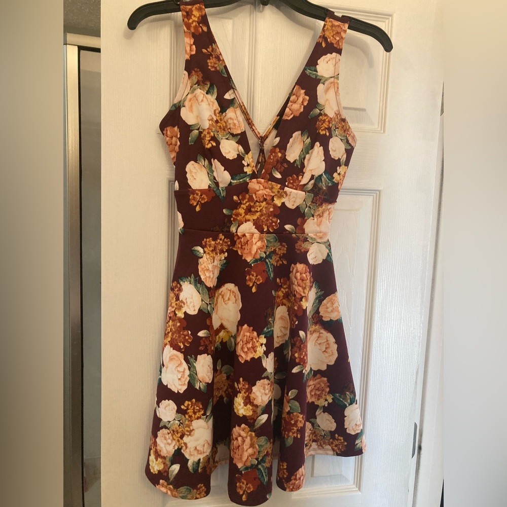 Forever 21 Floral Burgundy V-Neck Mini Dress